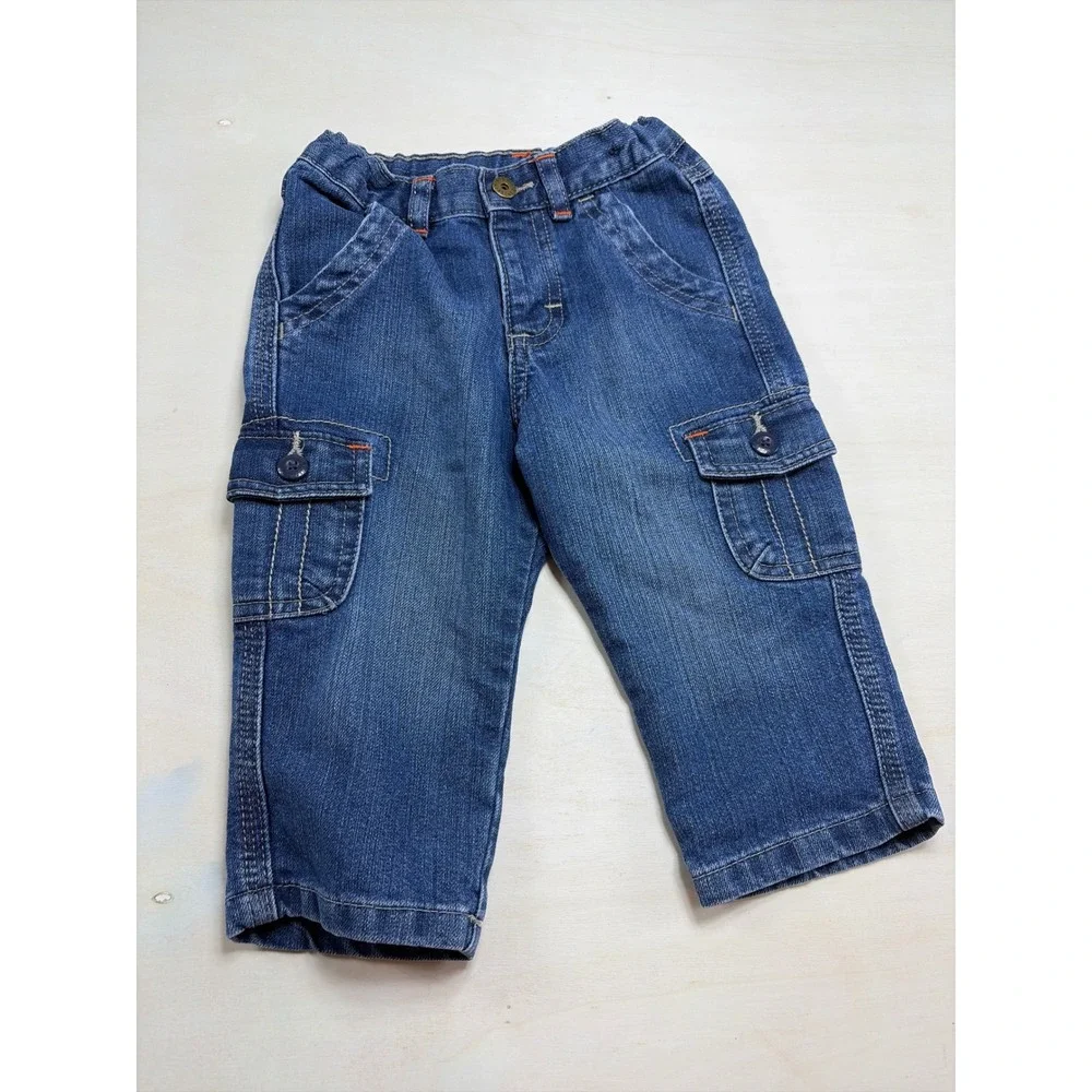 OshKosh B'gosh Baby Boy Cargo Jeans Medium Wash Denim Elastic Waist 12M
